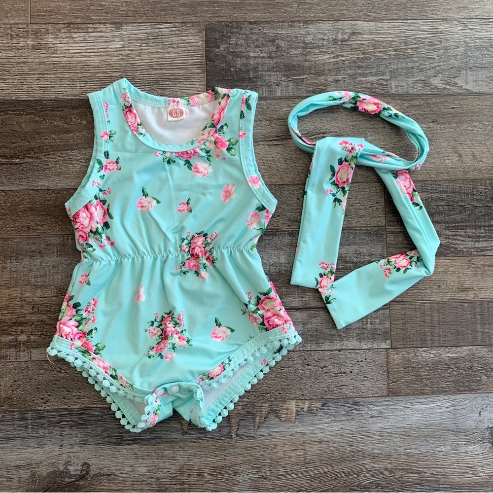 Mint green flower romper & matching headband